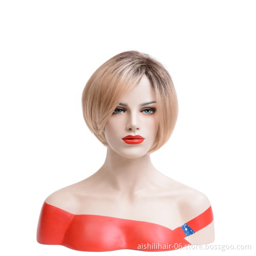 wholesale short light gold bob hair synthetic wigs silky straight  fibre synthetic hair wigs for women